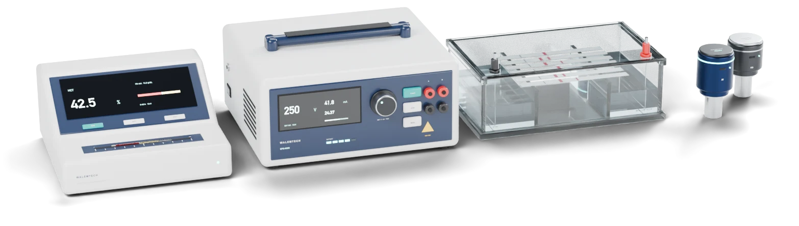 The Walemtech range: HCT-D1 hematocrit reader, EPS-650R power supply, ET-200 tank and Ocular eyepiece cameras
